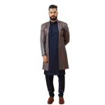 Stunning Mirror Embroidered Grey Open Sherwani with Navy Blue Kurta Pajama for Men - Father Son Combo | Jaipurio